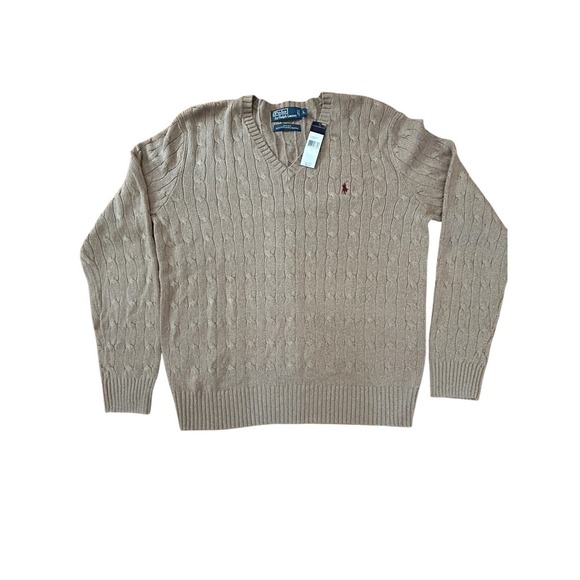 Polo By Ralph Lauren Other - Polo By Ralph Lauren NWT 100% Silk Cable Knit V-Neck Sweater Tan SZ L Mens